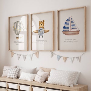 Boys Nursery Decor, Christian Wall Art, Blue Baby Boys Childrens Playroom Posters, Set of 3, Bible Verses, Kids Wall Decor Digital Download