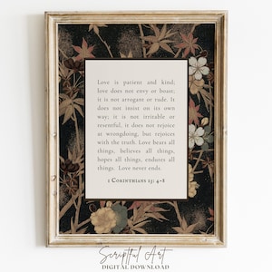 Christian Wall Art 1 Corinthians 13:4-8, Rustic Vintage Bible Verse Print Digital Download