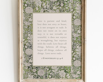 Christian Wall Art Green Botanical Vintage Bible Verse Print, 1 Corinthians 13: 4-8, Digital Download