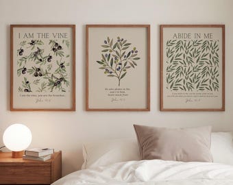 Christian Wall Art I am the Vine, You are the Branches, Set of 3 Botanical Bible Verse Prints Digital Download