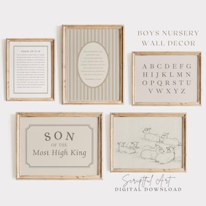 Christian Boy Nursery Art Vintage Bible Verse Prints, Neutral Playroom Decor SET OF 5 Digital Download