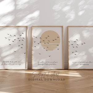 Arte de pared cristiano moderno de mediados de siglo, neutro, juego de 3, Mira a los pájaros, Mateo 6:26, descarga digital de decoración estética de las Escrituras