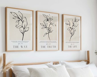 Aesthetic Christian Wall Art Set of 3, Beige Christian Prints, The Way the Truth and the Life, Neutral Christian Art Digital Prints