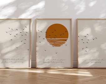 Ensemble de 3 estampes d&#39;art chrétien moderne du milieu du siècle, soleil en terre cuite de Japandi, regarder les oiseaux, téléchargement numérique