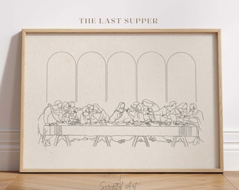 Jesus Last Supper Wall Art Beige Christian art Jesus Line Art, Neutral Christian Faith Poster Digital Download
