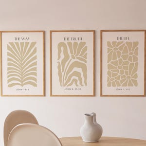 Arte de pared cristiano moderno beige "El Camino, la Verdad, la Vida", juego de 3 (descarga digital)