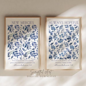 Blue Christian Wall Art Set of 2, Watercolor Botanical Bible Verse Prints, Vines Scripture Wall Art, Lamentations 3, Digital Download