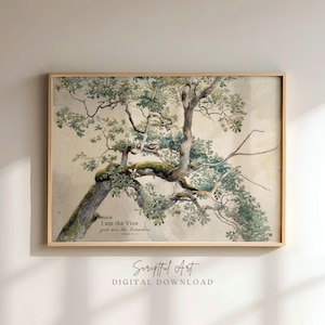 I am the Vine You Are The Branches, John 15: 5 Christian Vintage Tree Branches Poster, Christian Wall Art, Beige Green, DIGITAL PRINT