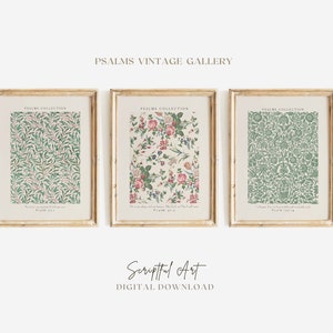 Christian Wall Art set van 3, Psalms Gallery Vintage Bijbel wordt afgedrukt roze groen, collectie psalmen, bloemen botanische wijnstokken, digitale download