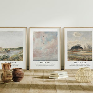 Christian Wall Art Set of 3 Vintage Landscape Posters, Claude Monet Prints, Antique Bible Verse Wall Art Digital Download
