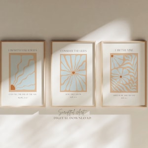 Light Blue Christian Wall Art Set of 3, Retro Floral Bible Verse Prints, Dorm Room Decor, Modern Scripture Posters Digital Download
