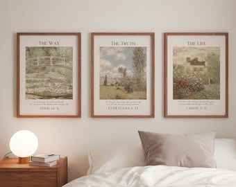 Vintage Christian Wall Art, Set of 3, The Way, The Truth, The Life, Digital Download