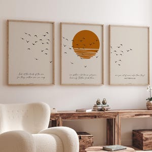 Christian Modern Wall Art Set of 3 Burnt Orange Printable Triptych Jesus Art, Look At The Birds Matthew 6 Japandi Sun Decor Digital Download