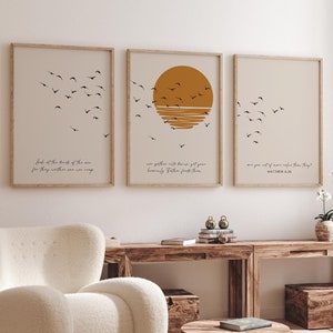 Conjunto de 3 piezas de arte cristiano moderno, citas de Jesús, "Mira las aves" (Mateo 6:26), arte cristiano japonés, tríptico de sol para decoración de pared (descarga digital)