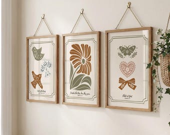 Christian Folk Art Nursery Decor, Set of 3 Modern Bible Verse Prints (Digital Download)