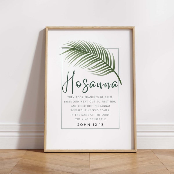 Hosanna au plus haut, impression d'art mural chrétien, feuille de palmier de Pâques, vert sauge, écriture de la semaine sainte, verset de la Bible, béni soit-il