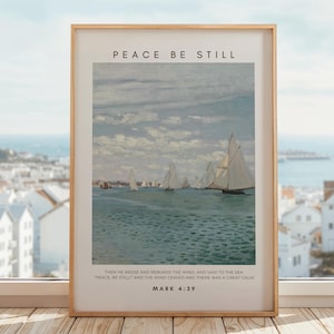Peace Be Still, Christian Vintage Coastal Boat Landscape, Bible Verse Wall Art Printable, Jesus Quote, Mark 4: 39 DIGITAL DOWNLOAD