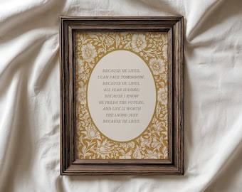 彼が生きているから、キリスト教賛美歌の壁掛けアート、素朴なヴィンテージイースターホームデコレーションのデジタルダウンロード