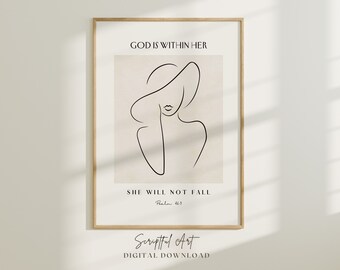 Psalm 46:5 God Is Within Her She Shall Not Fall, Subtle Christian Art, Woman Wearing a Hat, Minimal Bible Verse Poster, Digital Download