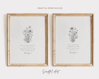Subtle Christian Wall Art, Set of 2, Proverbs 3:5-6 Trust in the Lord with all your Heart, Minimal Bible Verse Floral Sketch Digital Prints