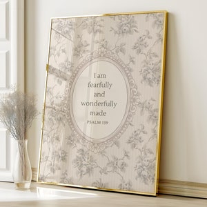 Neutral Christian Girls Nursery Decor, Psalm 139, Fearfully and Wonderfully Made, Vintage Floral Bible Verse Wall Art,  Digital Download