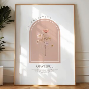 Moderne Herbst Print, christliche Wandkunst rosa Herbstblumen, dankbar, Thanksgiving Boho Herbst Bibel Vers Wandkunst, digitaler Download