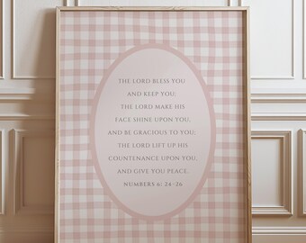 Christian Wall Art, Pink Gingham, Vintage Nursery Decor, Girls Bible Verse Print, The Lord Bless You and Keep You, Digital Download