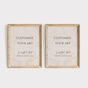 Puede incluir: Dos impresiones enmarcadas con fondo beige y marco dorado. El texto en las impresiones dice "Personaliza tu arte" y "Scriptful Art Descarga digital".