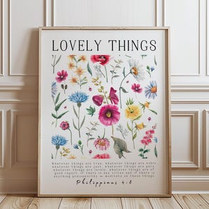 Whatever Is True, Philippians 4:8, Colorful Vintage Floral Bible Verse Print, Wildflowers Christian Wall Art, Digital Download