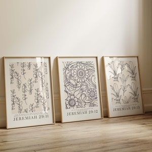 Aesthetic Christian Wall Art, Set of 3, Neutral Christian Posters, Beige Botanical Line Art, Jeremiah 29, Digital Prints