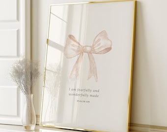 Christian Nursery Wall Art Girls Room Decor, Psalm 139 Fearfully and Wonderfully Made, Neutral Bow Print Digital Download