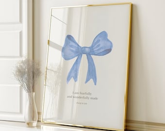 Cute Blue Ribbon Christian Wall Art Psalm 139, Fearfully and Wonderfully Made, Blue Bow Preppy Poster, Nursery Decor, Digital Download