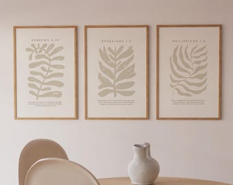 Modern Christian Wall Art Neutral Botanical Bible Verse Prints Scripture Home Decor (Digital Download) Set of 3