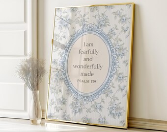 Psalm 139 Blue Vintage Floral Bible Verse Print Cottagecore Girls Room Decor Digital Download