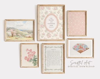 Pink Vintage Christian Gallery Set of 6 Printable Girls Nursery Decor, Cottagecore Bible Verse Art, Digital Download