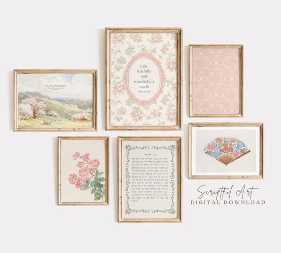 Pink Christian Nursery Prints: Set of 6, Cottagecore Girls Room Decor (Digital Download)