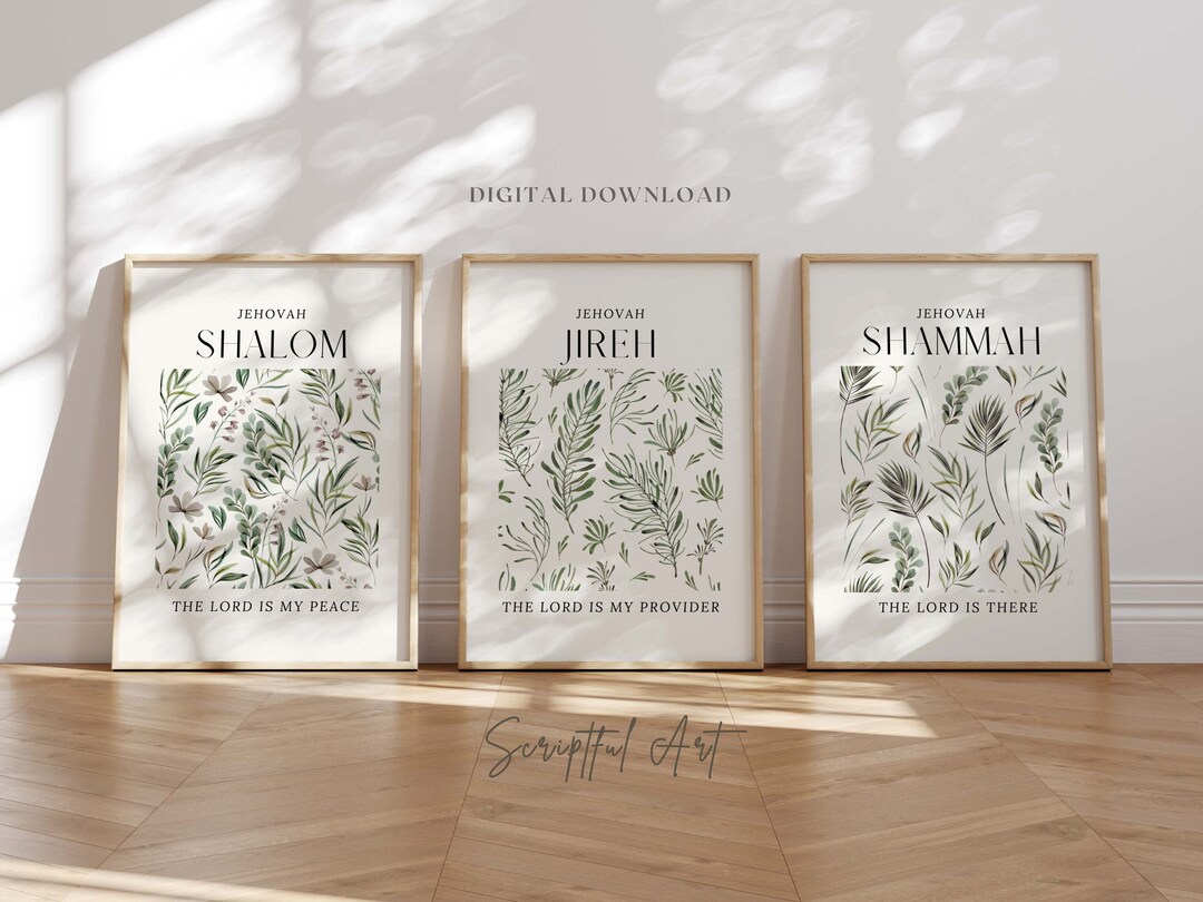 Christian Wall Art Sage Green, Set of 3, Botanical Vines & Branches, Hebrew Names of God