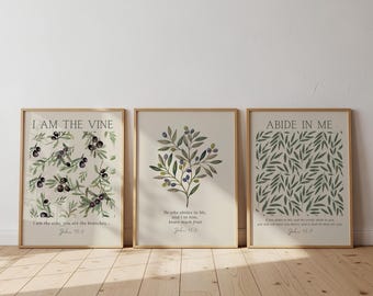 Christian Wall Art Set of 3 - I am the Vine John 15, Botanical Scripture Prints Digital Download