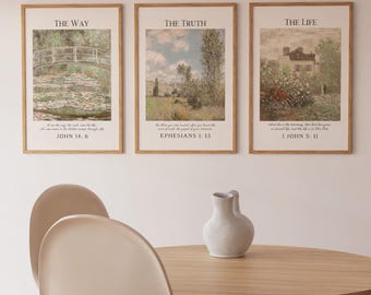 Vintage Christian Wall Art, Set of 3, The Way, The Truth, The Life, Digital Download