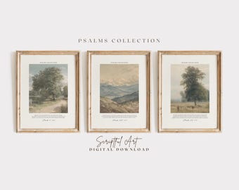 Psalms Collection Christian Wall Art, Set of 3, Vintage Paintings, Digital Download