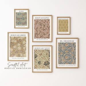 Set of 6, Hebrew Names of God Printable Vintage Botanical Patterns, El Roi, El Shaddai, Jehovah Shalom Jireh, Rapha, Nissi, Digital Download