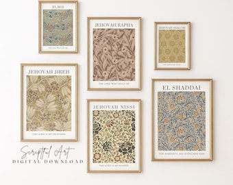 Set of 6, Hebrew Names of God Printable Vintage Botanical Patterns, El Roi, El Shaddai, Jehovah Shalom Jireh, Rapha, Nissi, Digital Download