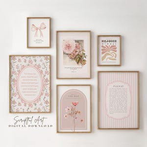Printable Nursery Wall Art Bundle Pink Girls Room Decor Bible Verse, Set of 6, Pretty Floral Gallery Scripture Collage Digital Download
