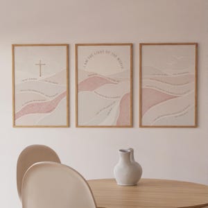 Christian Wall Art Set of 3, Light Pink Bible Prints Boho Landscape Wall Art, Jesus Gospel Posters, Triptych Wall Decor Digital Download