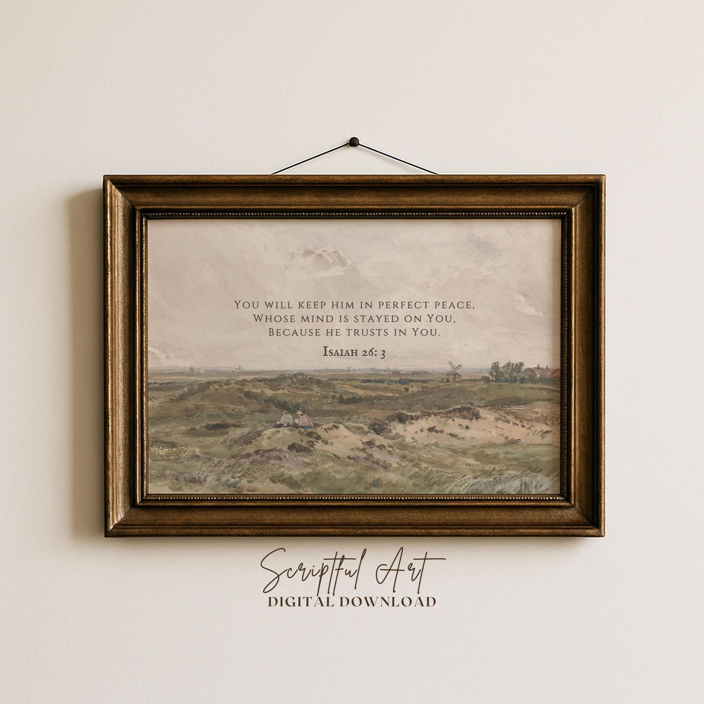 Vintage Christian Wall Art Landscape Bible Verse Print, Isaiah 26:3 ...