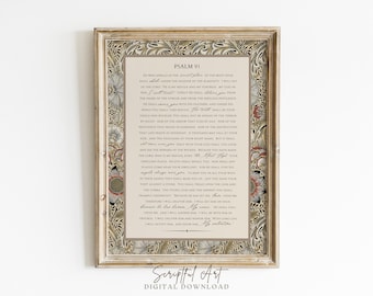 詩篇91篇　ヴィンテージ風聖書の一節プリント　キリスト教の壁掛けアート　聖句入りホームデコレーション（デジタルダウンロード）