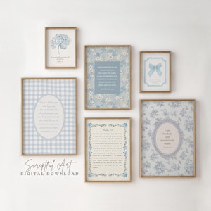 May include: A set of six printable wall art prints in a blue and white colour scheme. The prints feature floral patterns, gingham patterns, and scripture verses. The prints are ideal for adding a touch of elegance and faith to any room.