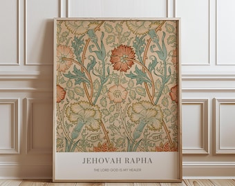 Jehovah Rapha, Hebrew Name of God, Lord God Is My Healer, William Morris Vintage Botanical Art, Colorful Christian Wall Art DIGITAL PRINT