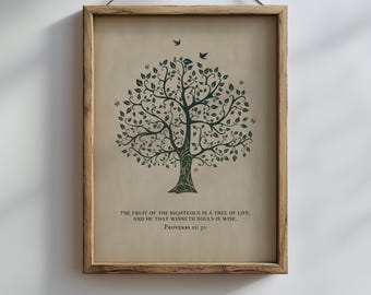 Bible Verse Print Tree of Life, Proverbs 11:30, Christian Wall Art Cottagecore Home Decor Digital Download
