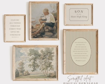 クリスチャンの男の子の部屋の壁飾り、子供部屋の聖書の一節プリント、ヴィンテージ風プレイルームポスター、5枚セット、デジタルダウンロード